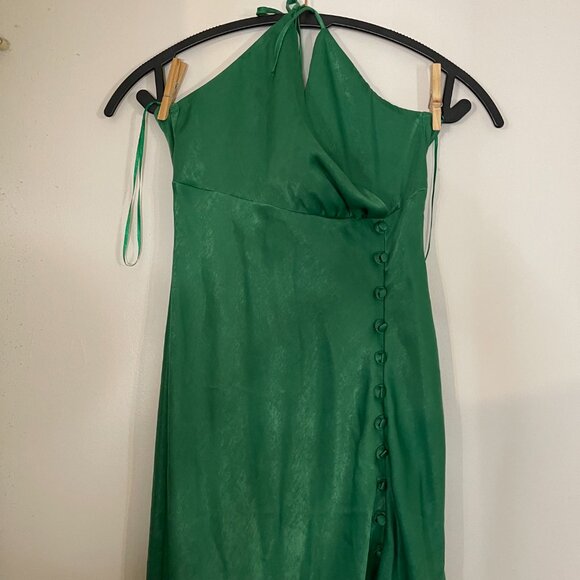 Zara S Long Green Silk Halter Dress โ Button Detail & Front Slit - Picture 2 of 9